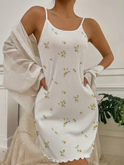 Flower Print Pajama Dress with Fungus Trim Mini Nightdress