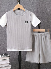 Boy's 2pcs T shirt & Shorts Set Letter Patched Print Short Sleeve Top Waffle Tex