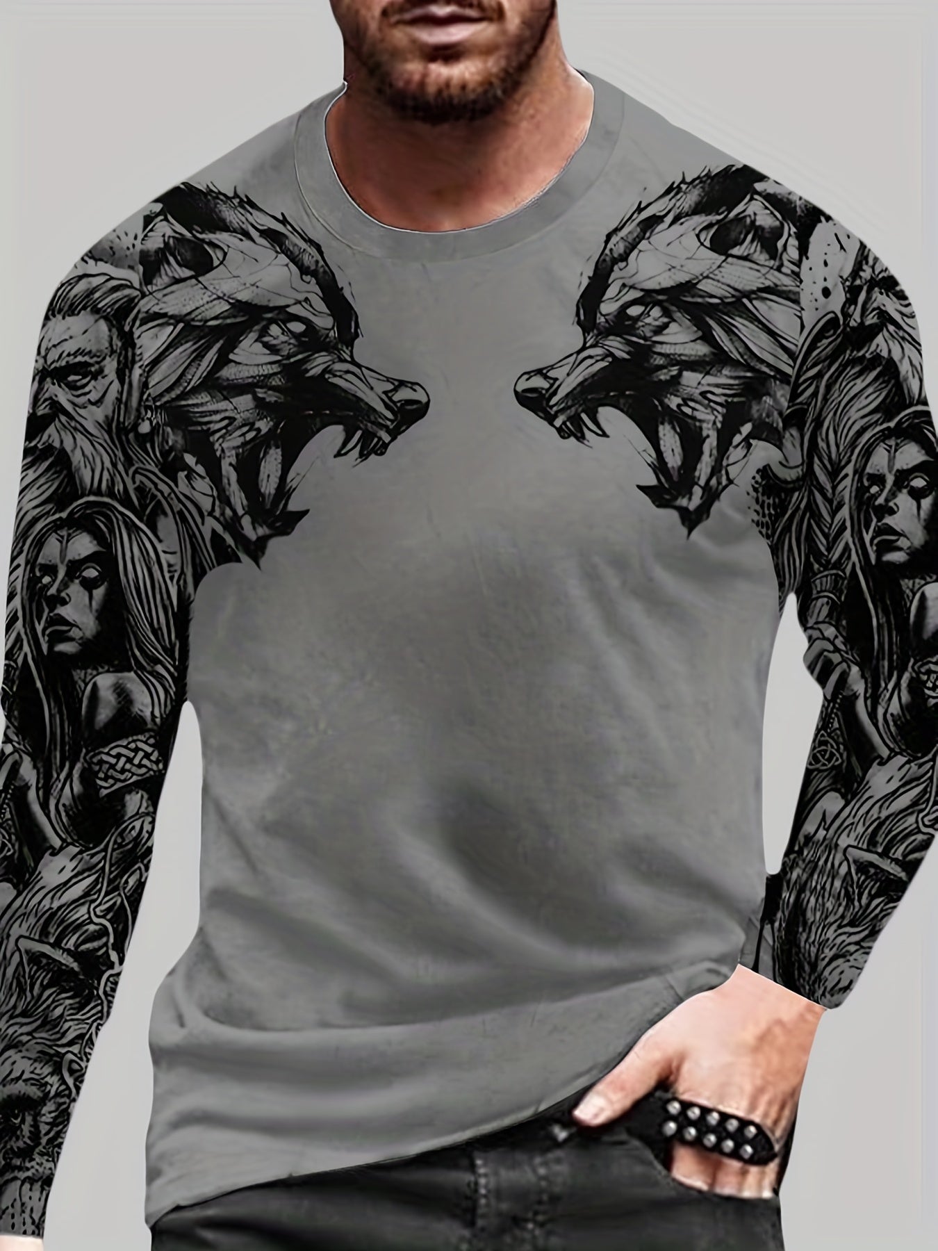 Wolf Pattern Print Men's Graphic Long Sleejson formatves Crew Neck T shirt