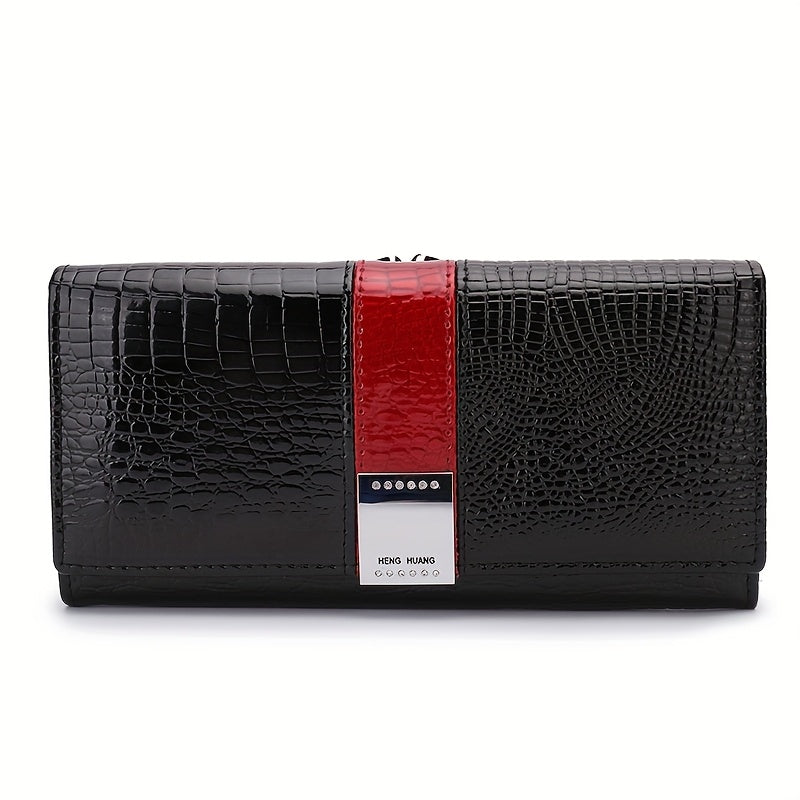 Red Leather Long Wallet for Women Crocodile Texture Bifold
