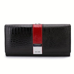 Red Leather Long Wallet for Women Crocodile Texture Bifold