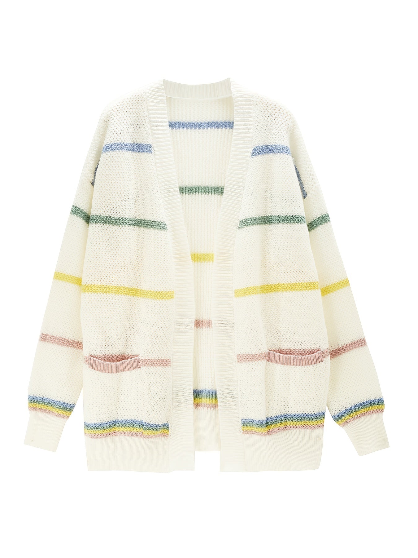 Colorful Stripe Open Front Cardigan Casual Dual Pockets Long Sleeve Cardigan