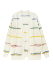 Colorful Stripe Open Front Cardigan Casual Dual Pockets Long Sleeve Cardigan