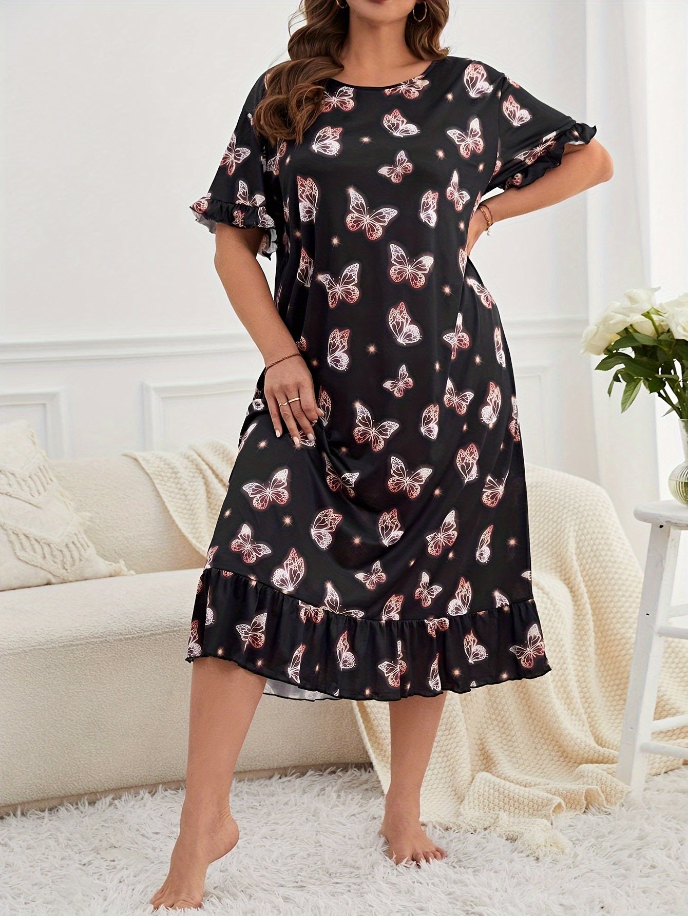 Nightdress Glitter Butterfly Print Short Sleeve Sleep Dress