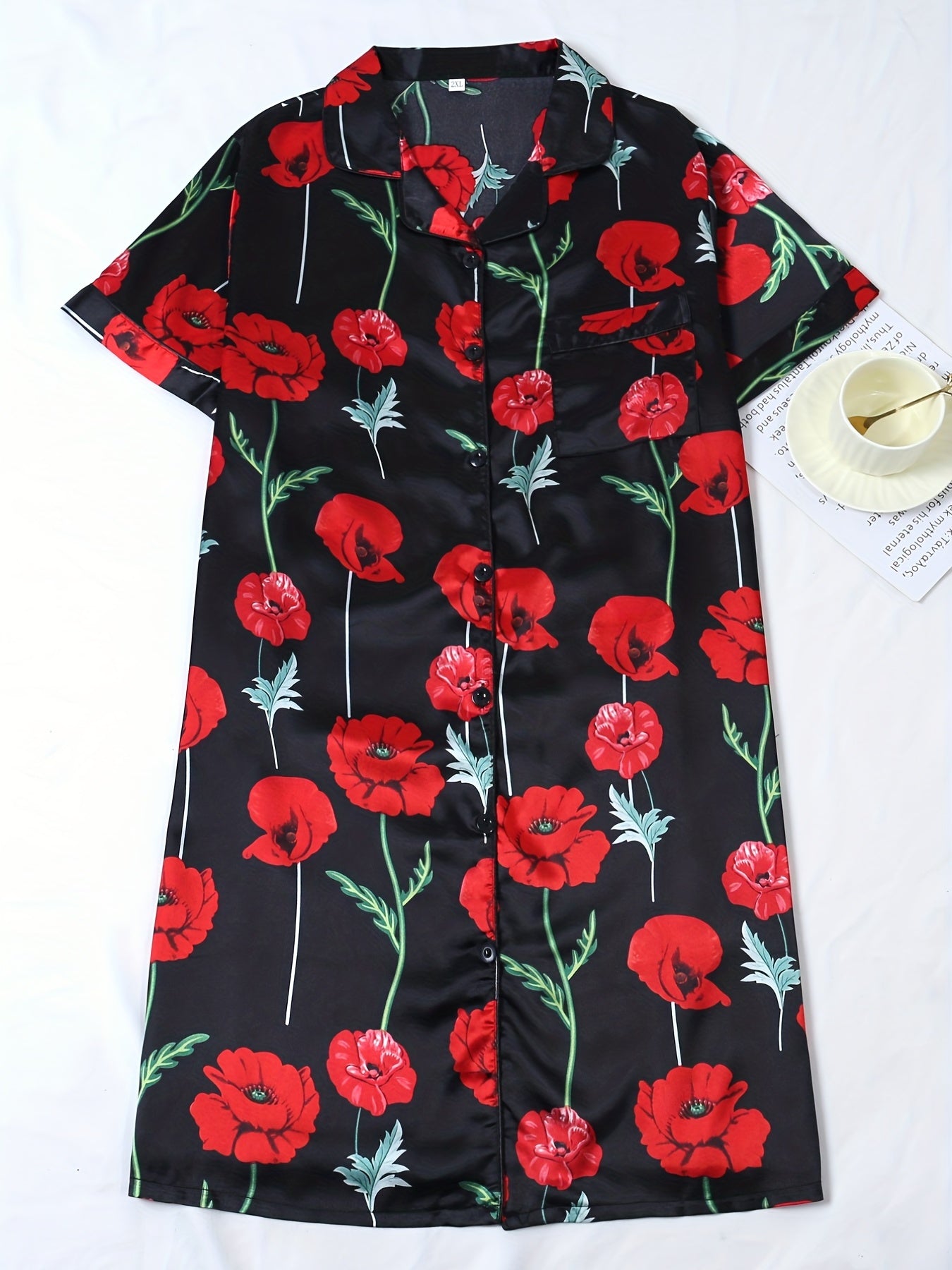 Satin Floral Print Nightdress Cooling Comfort Short Sleeve Nightshirts