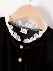 Vintage Princess Dress For Big Girls Velvet Lace Stand Collar Long Sleeve