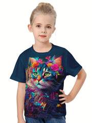 Girls Tie Dye Kitty Graphic Crew Neck T-shirt