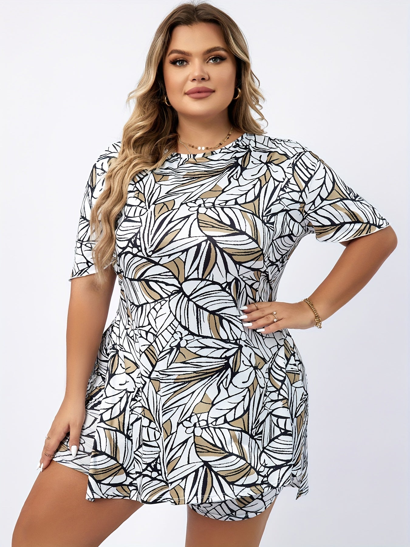 Leaf Print Lounge Set Short Sleeve Top & Shorts Pajama Two Piece