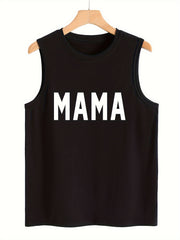 Mama Letter Print Sleeveless Sports Vest Round Neck Casual Tops
