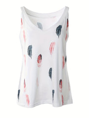 Feather Print Tank Top V Neck Sleeveless Summer Top