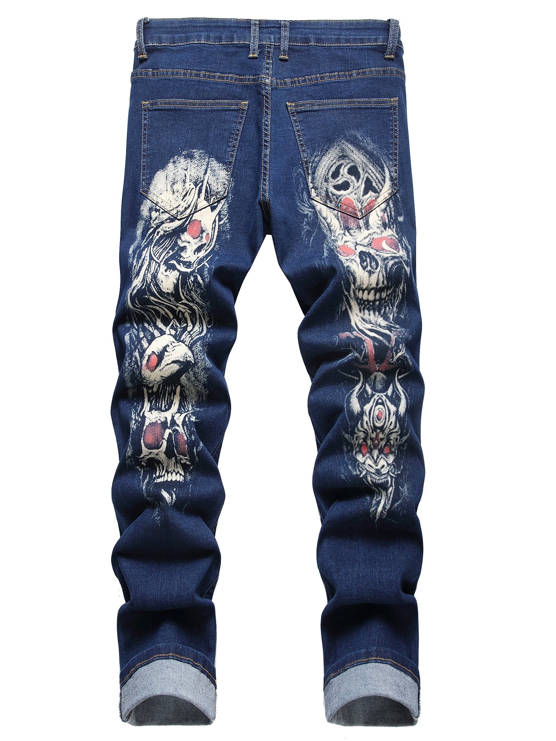 Men's Skull Print Jeans Streetwear Denim Pants