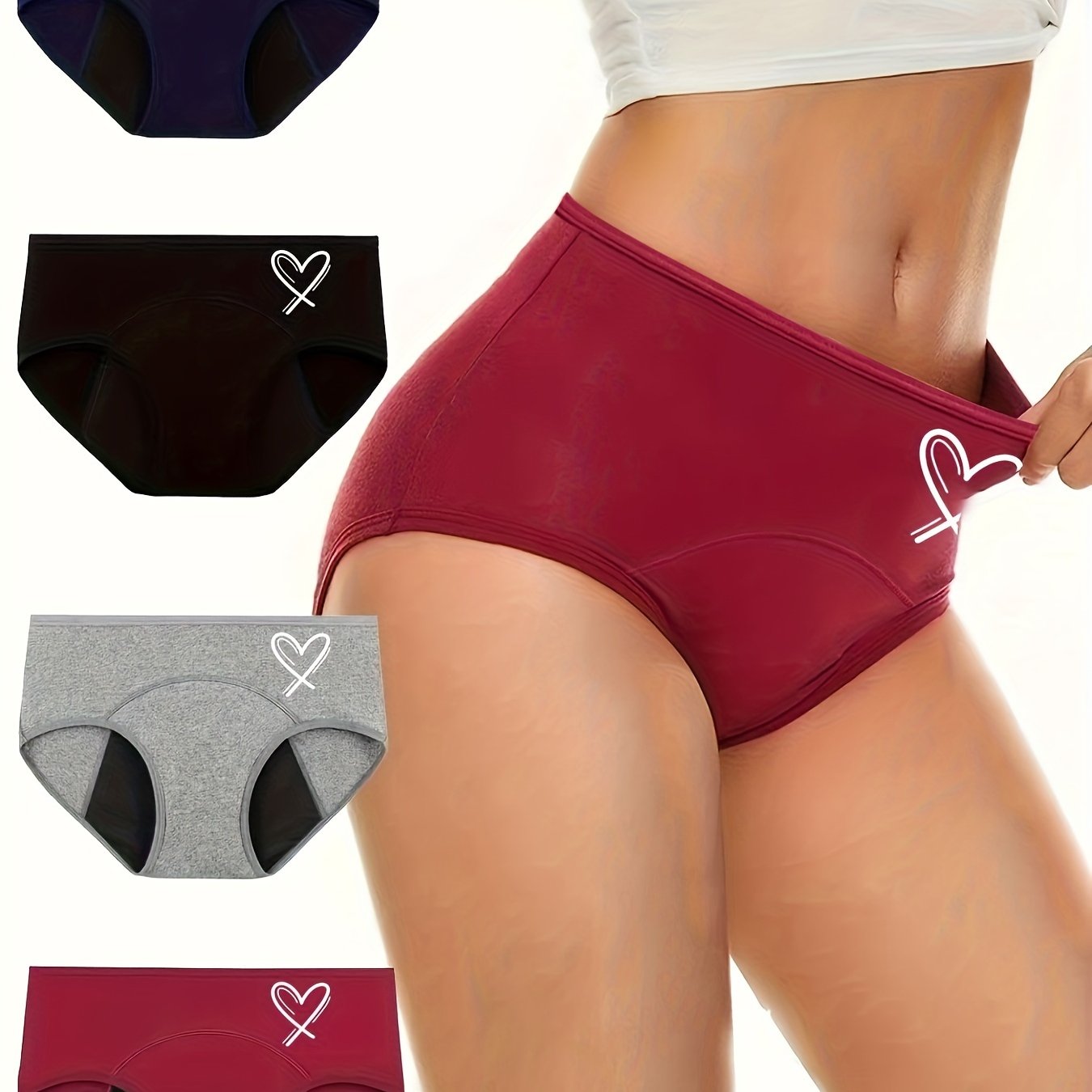 4 Pack Plus Size Panties Set Women's Plus Heart Print Leakproof Overnight