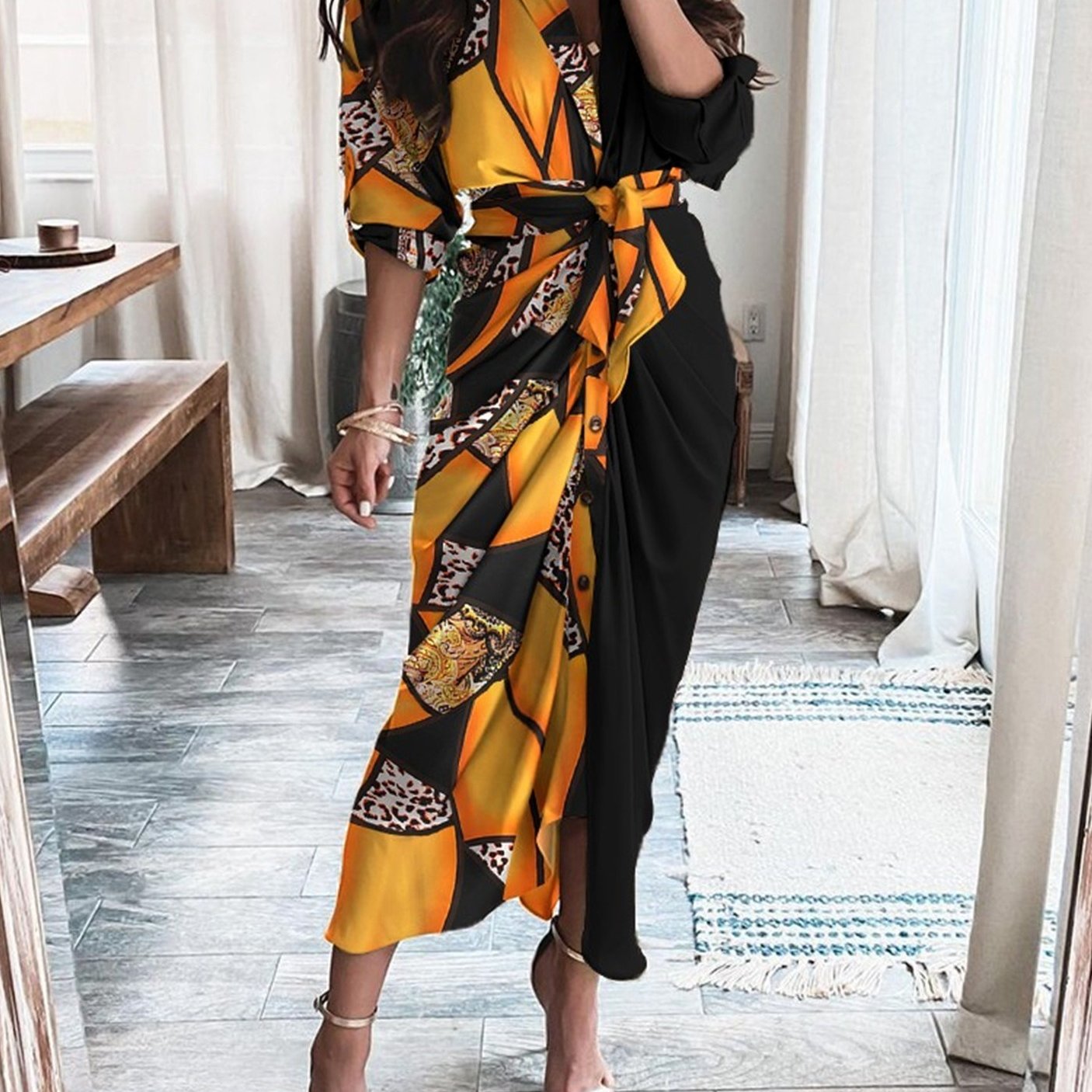 Women's Long Sleeve V Neck Button Print Dress