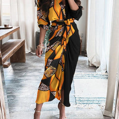 Women's Long Sleeve V Neck Button Print Dress
