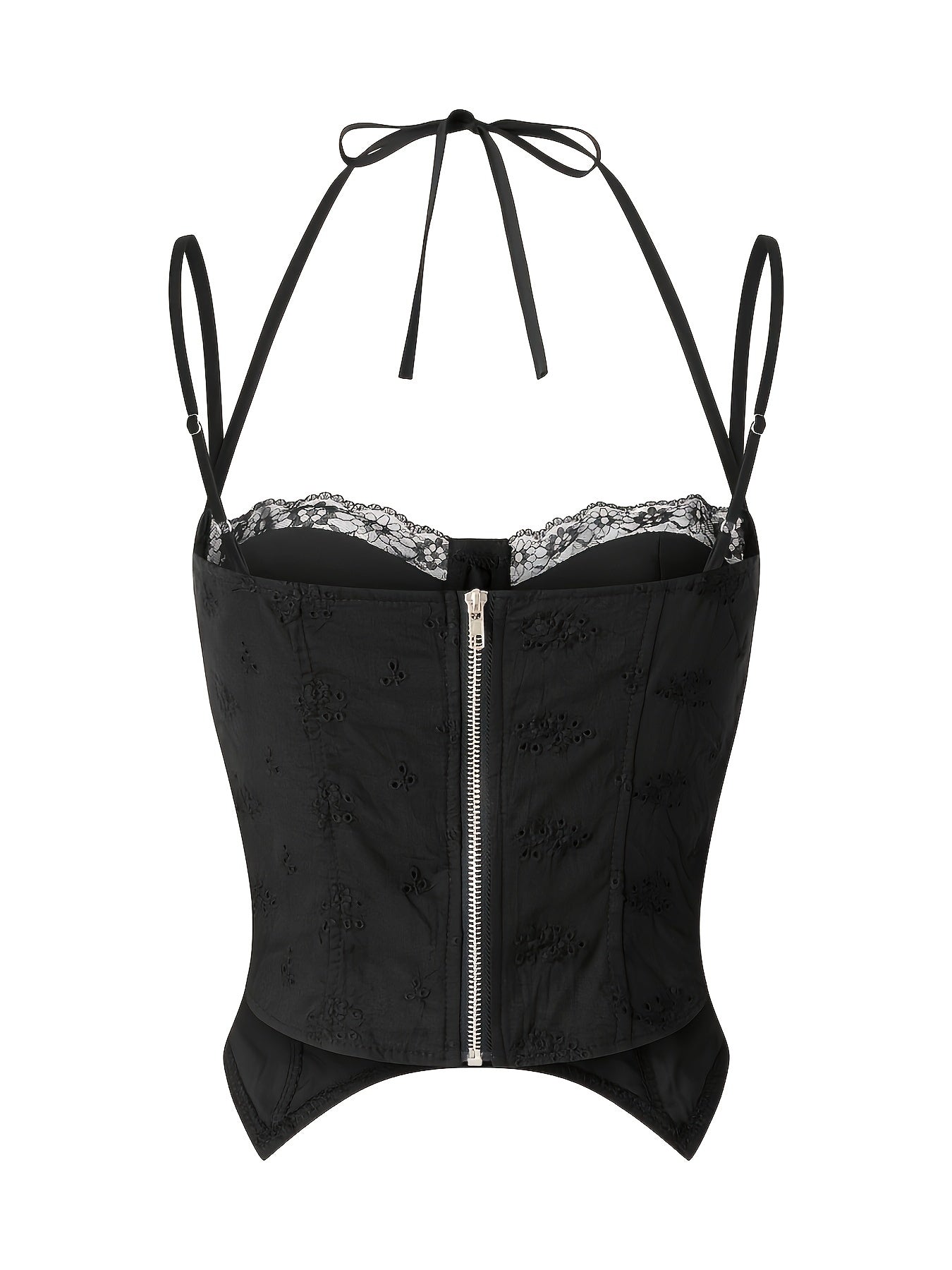 Lace Zipper Bustier Cami Top Y2K Sweetheart Neck Spaghetti Strap