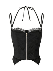Lace Zipper Bustier Cami Top Y2K Sweetheart Neck Spaghetti Strap