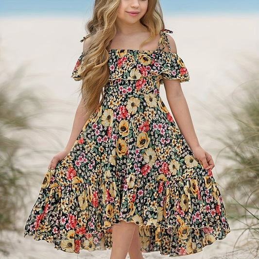 Girls Bohemian Floral Cold Shoulder Ruffle Summer Dress