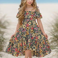 Girls Bohemian Floral Cold Shoulder Ruffle Summer Dress