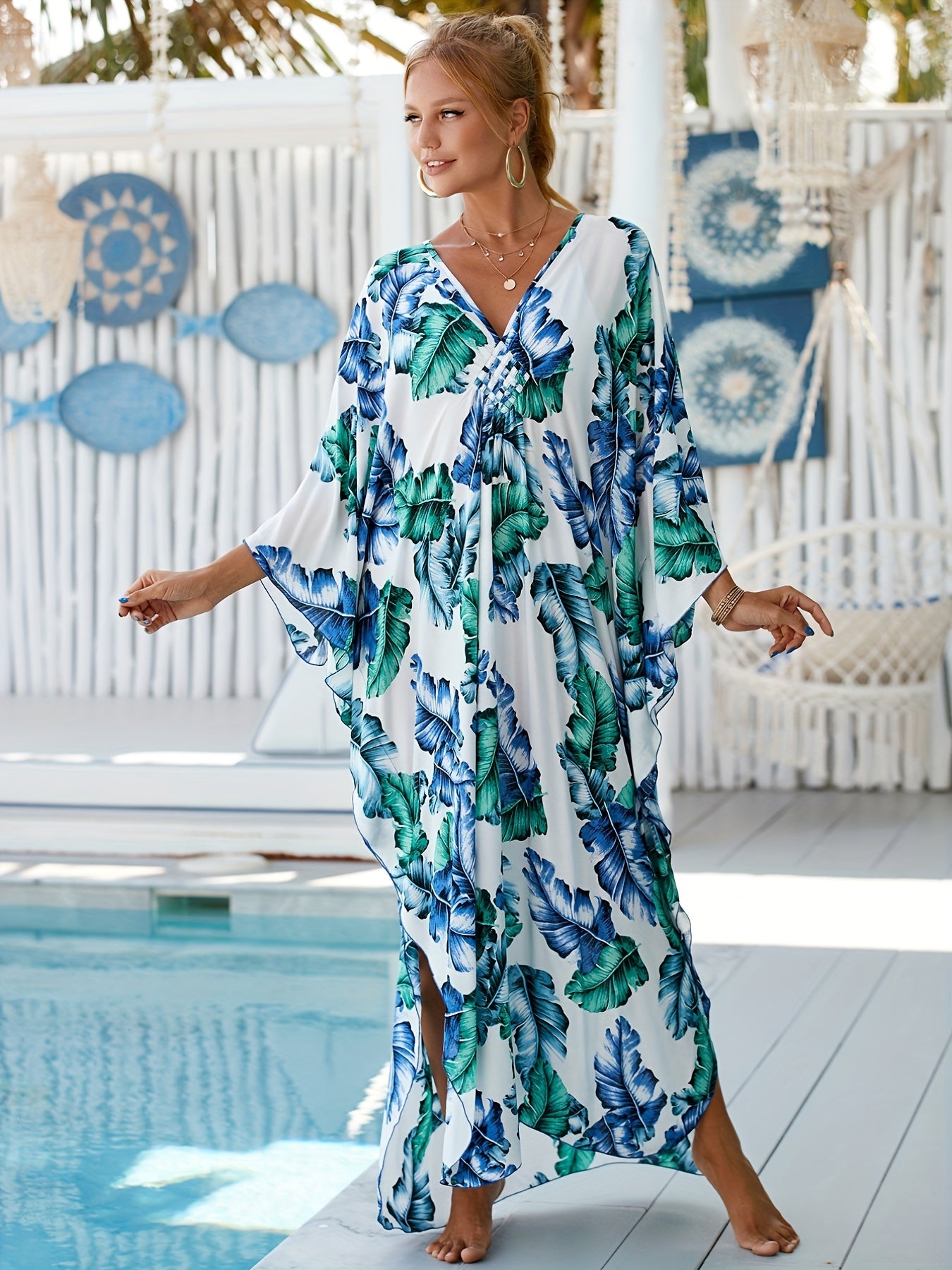Leopard Print Cover Up Dress Bat Sleeve V Neck