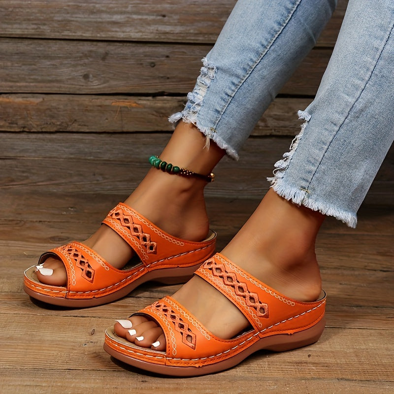 Women's Hollow Out Sandals Faux Leather Open Toe Slip On Wedge Shoes