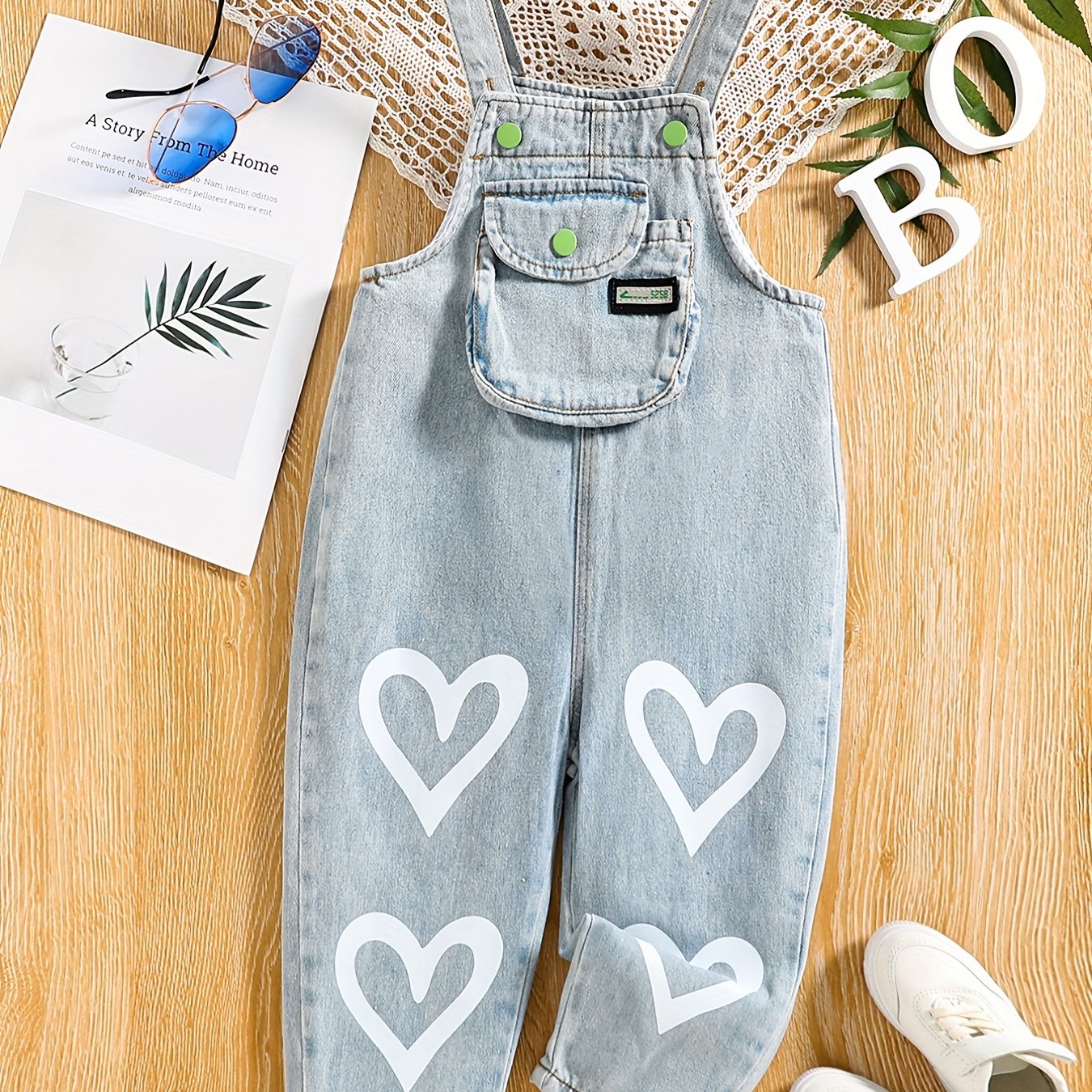 Girl's Heart Print Denim Overalls Jumpsuit Long Pants
