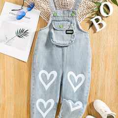 Girl's Heart Print Denim Overalls Jumpsuit Long Pants