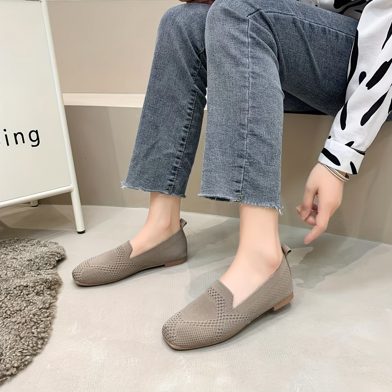 Women's Knitted Square Toe Slip-On Shoes Comfy & Versatile Flats