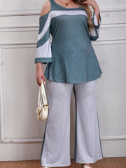 Colorblock Cold Shoulder Top & Flared Leg Pants Set