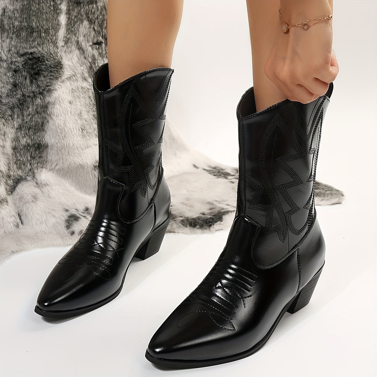 Women's Western Mid Calf Boots Chunky Heeled Cowgirl Boots