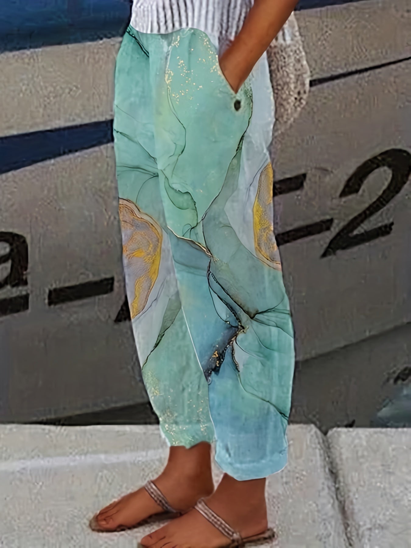 Marble Print Elastic Waist Pants Long Length