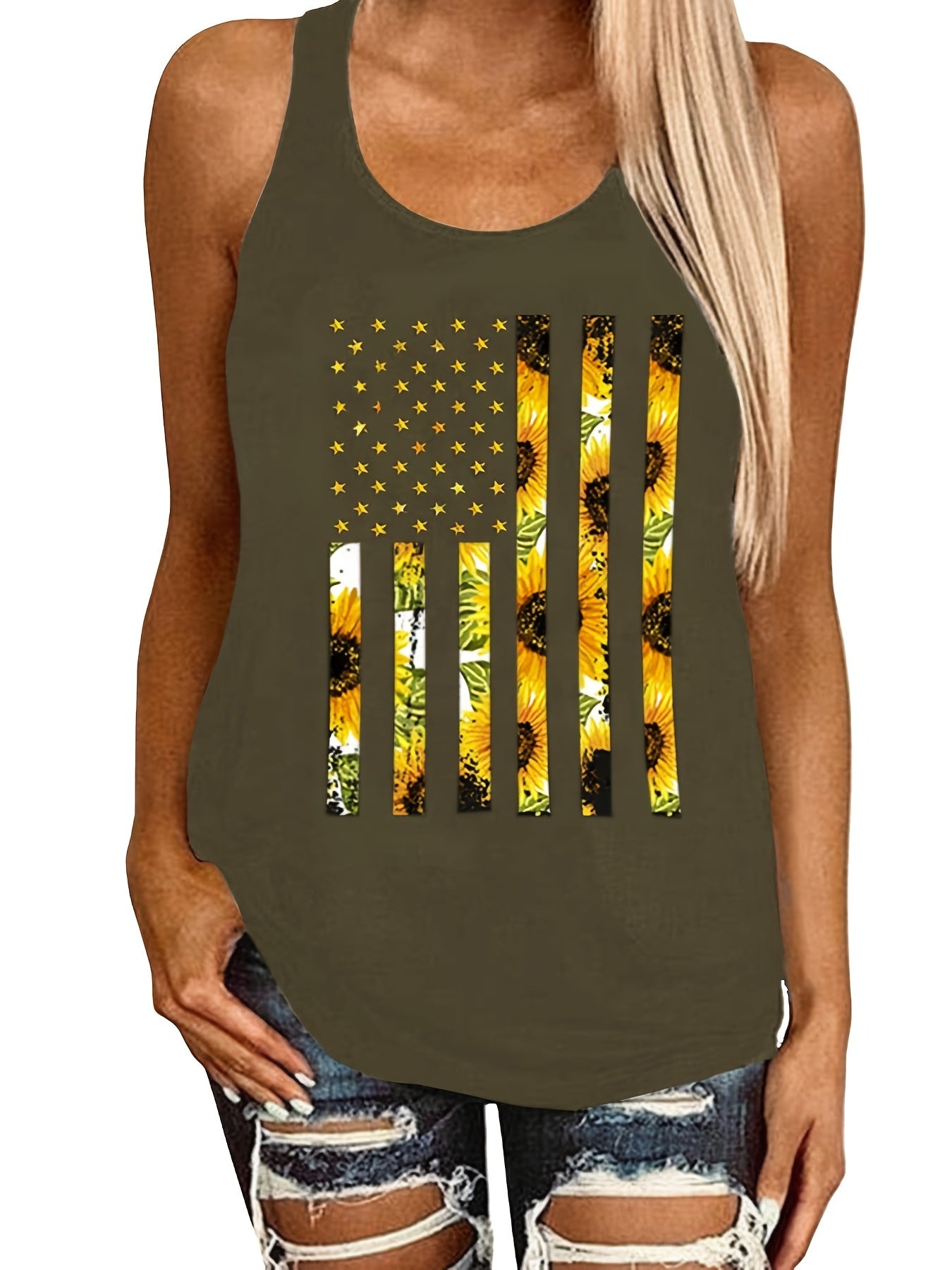 Sunflower Print Tank Top Casual Loose Racerback Tank Top