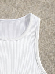 Solid Ribbed Sports Tank Top Round Neck Sleeveless Top