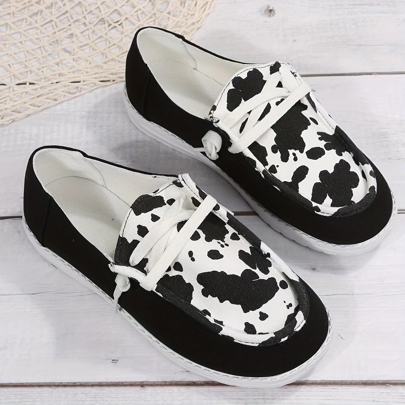 Women's Cow Pattern Patchwork Boat Shoes Lace Up Slip On Canvas Shoes