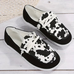 Women's Cow Pattern Patchwork Boat Shoes Lace Up Slip On Canvas Shoes