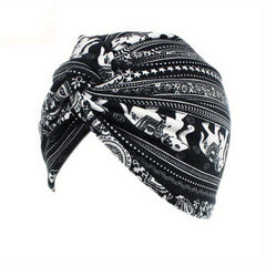 Boho Print Pleated Turban Hat Striped Head Wrap Cross Knot Stretchy Hijab Beanie