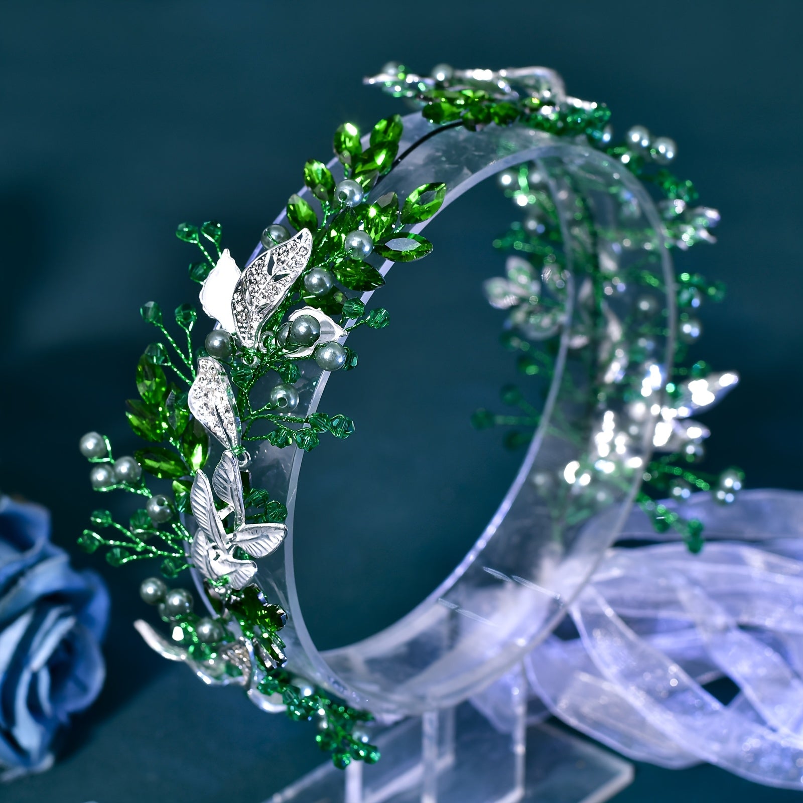 Bridal Wedding Headband with Green Rhinestones and Gemstone Accents