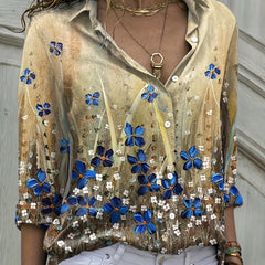 Butterfly & Floral Print Button Up Long Sleeve Blouse