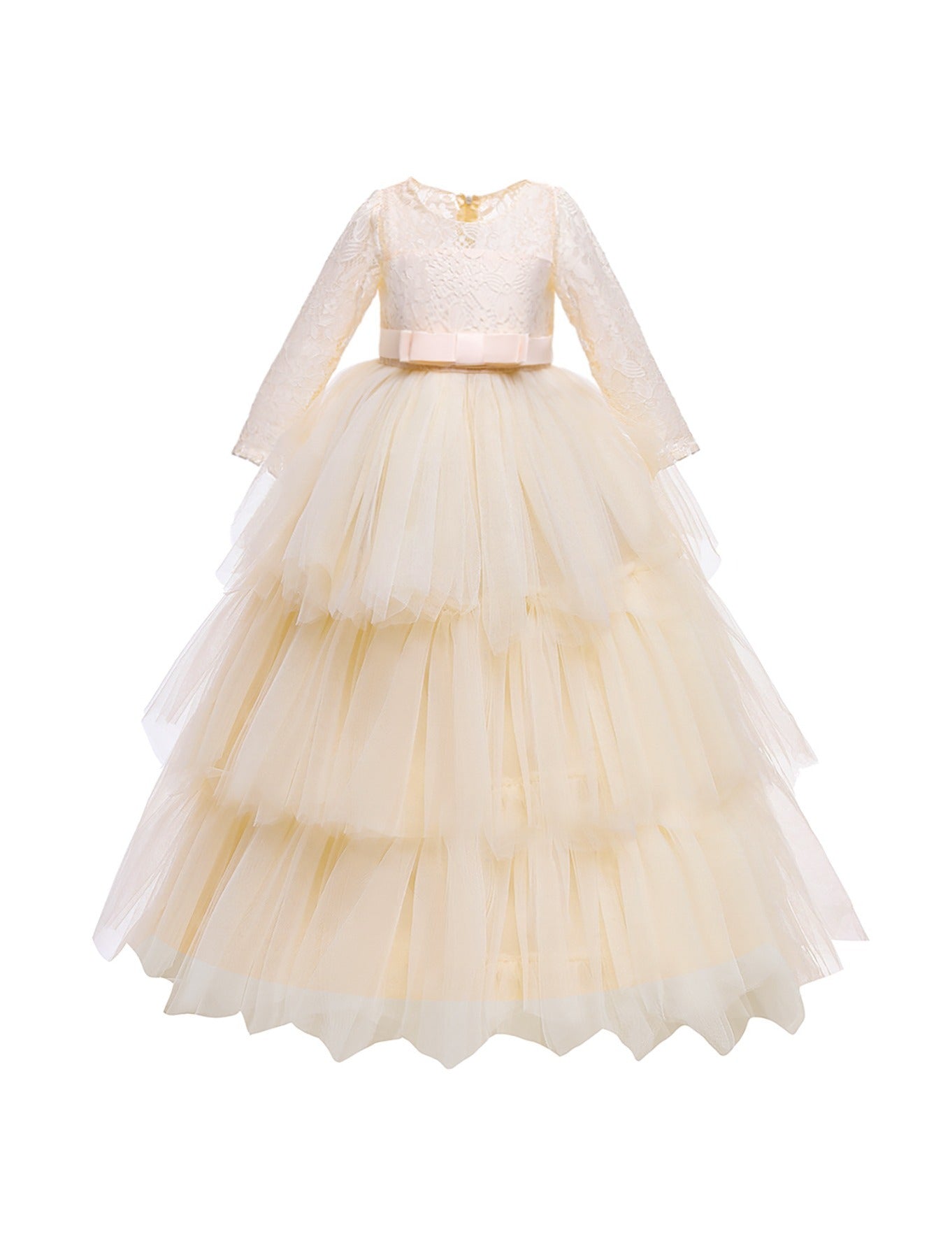Mesh Puffy Princess Dress Girls Lace Long Sleeve Wedding Dress