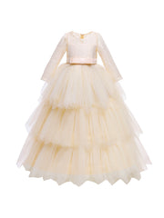 Mesh Puffy Princess Dress Girls Lace Long Sleeve Wedding Dress