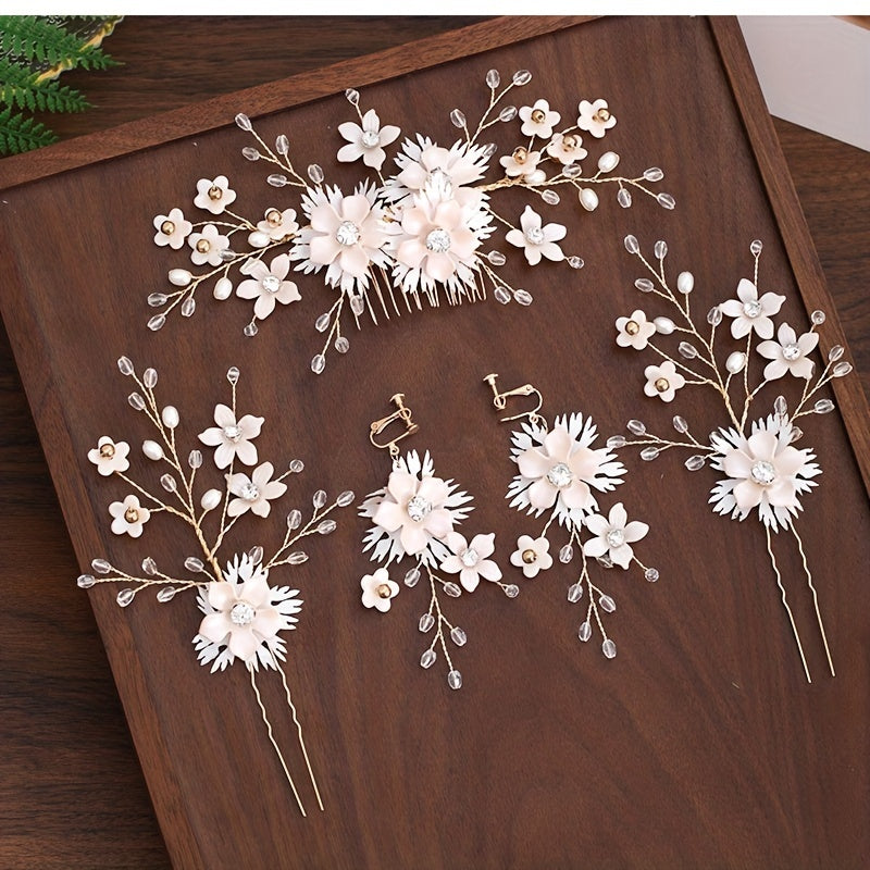 5pcs Bride Hair Comb Sweet Flower U-shaped Hairpin Wedding Dress Accessories