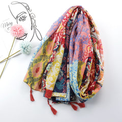 Boho Floral Print Scarf Vintage Tassel Shawl Windproof Head Wrap