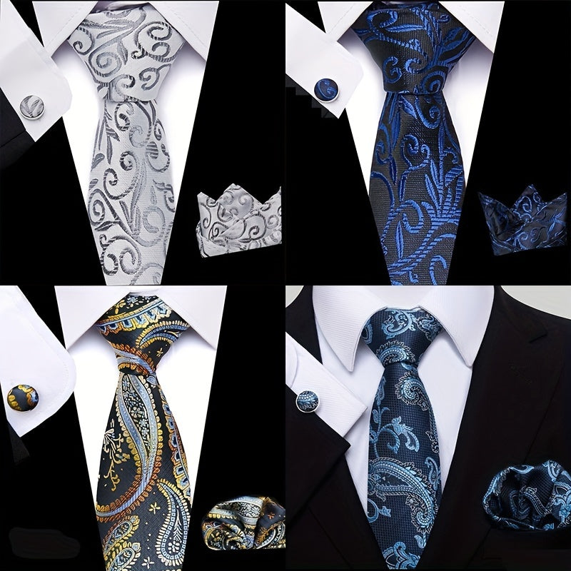 Men's Plaid Handkerchief Cufflink, Necktie, Pocket Squares Set