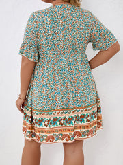 Floral & Paisley Print Short Sleeve Mini Dress Women's Plus V Neck Casual Dress
