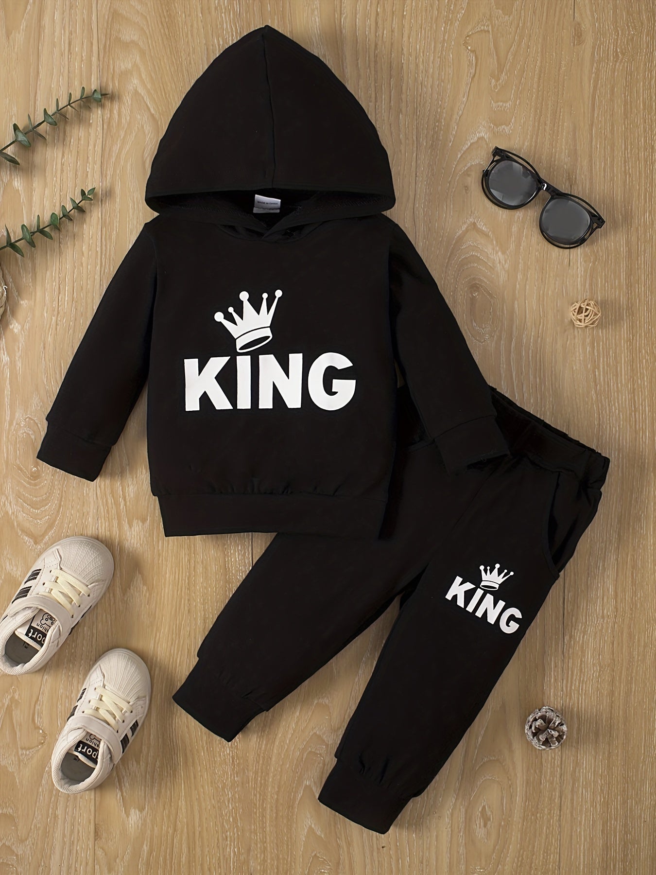 Baby Boy's Hooded KING Print Sweatshirt Pants Set