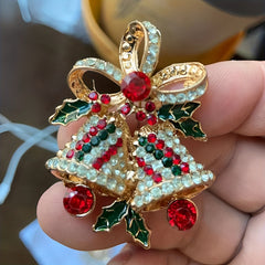 Christmas Bell Leaf Brooch Zircon Alloy Jewelry Corsage Holiday Party Gift