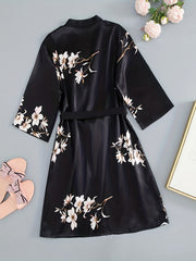 Floral Print Deep V Night Robe with Belt