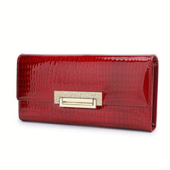 Red Patent Leather Long Clutch Purse Crocodile Texture Card Slots Golden Clasp
