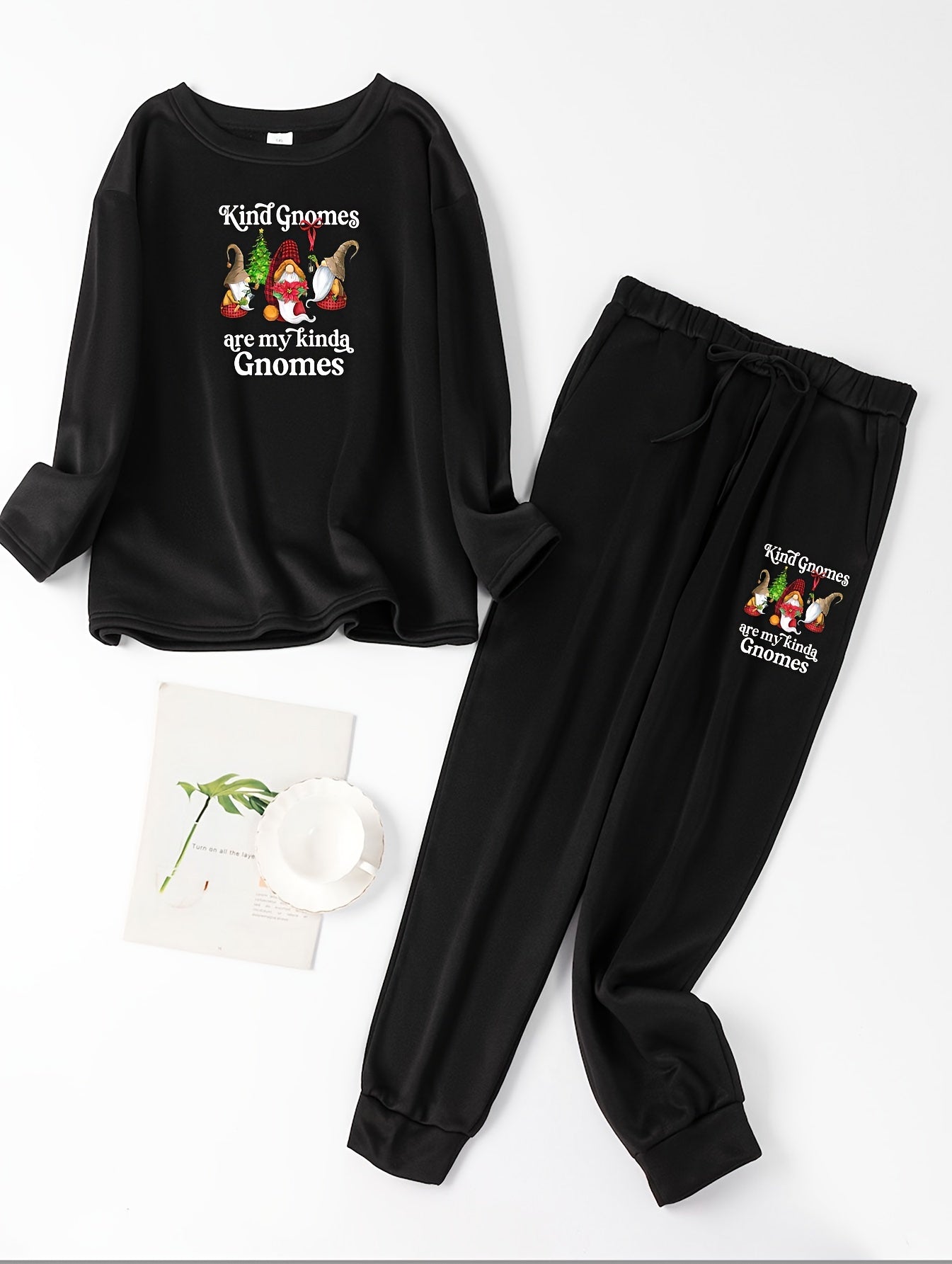 Christmas Lounge Set Gnome & Letter Print Tee & Joggers Pajamas