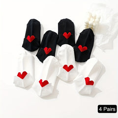 4 Pairs Heart Print Short Socks Lightweight Low Cut Ankle Stockings