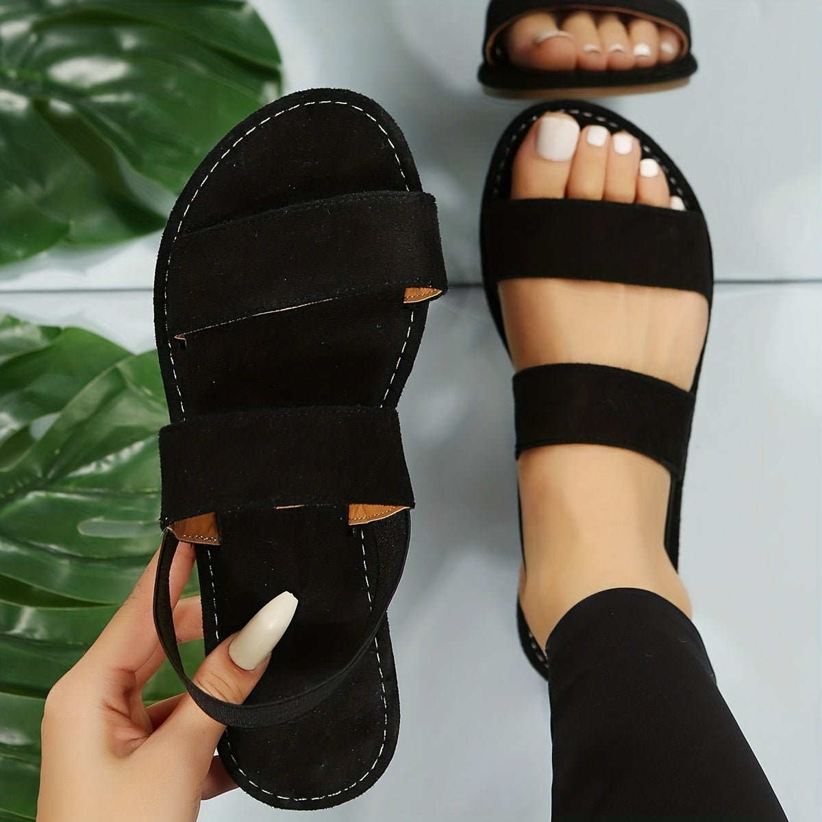 Women's Double Strap Flat Sandals Open Round Toe Slip On Shoes